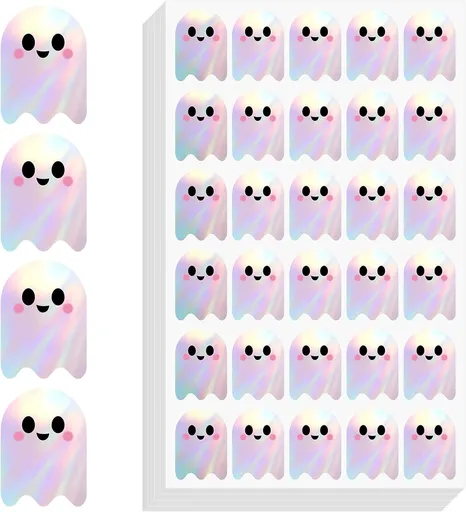 600Pcs Halloween Ghost Stickers - Cute Halloween Stickers Holographic Happy Halloweens Party Favor Sticker Self Adhesive Ghost Face Label Sticker for Envelope Seal Card Halloweens Decor