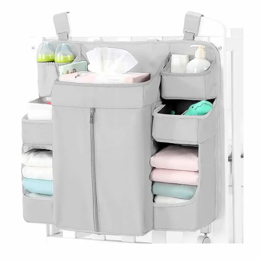 Light Grey Nursery Storage Organizer - Heavy Duty Reinforced Hanging Diaper Caddy for Crib or Wall (58x30x50 cm)