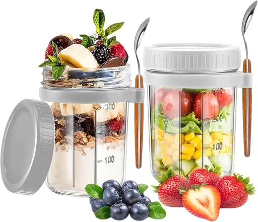 2-Pack Overnight Oatmeal Jars - With lid and spoon - 12 oz jars - For storing oatmeal overnight - With measuring lines - Large airtight jars - Also suitable for storing milk, fruit, and breakfast cereals (white + grey)