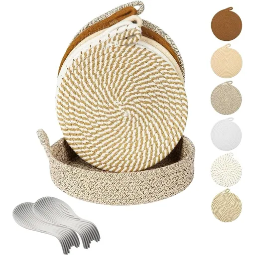 Round Cotton Woven Placemats Set, 8 Inch Nordic Braided Heat Resistant Table Mats, Thick Non Slip Insulated Trivets with Storage Basket for Dining Table, Kitchen, Coffee Table