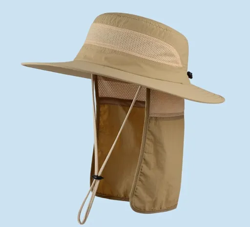 Wide Brim Sun Hat with Neck Flap UPF 50+ Protection Quick Dry Safari Cap Mesh Breathable for Fishing Gardening Hiking Outdoor Khaki