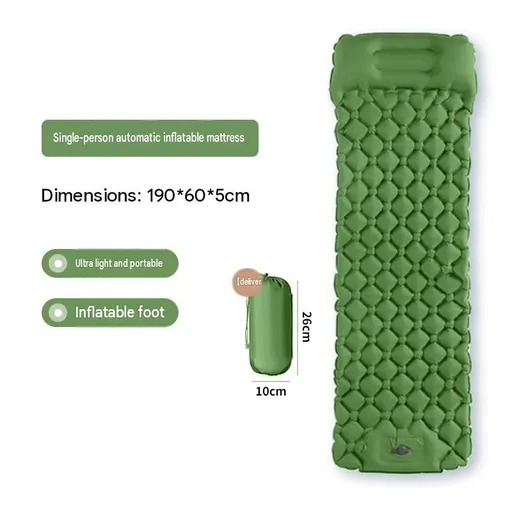 Green Single Outdoor Foot Pump Inflatable Sleeping Pad （190 x 60 x 5 cm ）- 40D Nylon Camping Air Mattress with Built-in Pillow and Double Valve - Portable Moisture Proof Mat for Hiking Backpacking