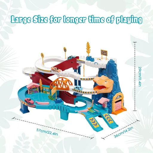 Race Track Toys for Kids Car Adventure Toy Dinosaur Climbing Hills Railcar with 4 Cars Colorful Vehicles Construction Play Set