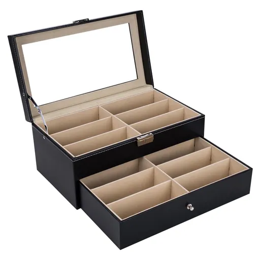 Leather Eyeglasses Storage and Sunglass Glasses Display Drawer Lockable Case Organizer, Glasses Storage Holder Box with 12 Slots