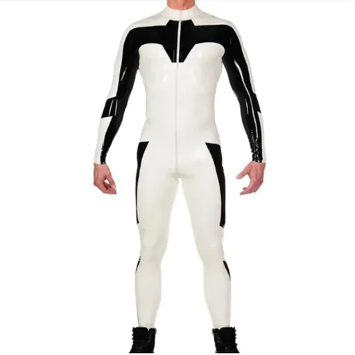 House Of Dasein White And Black Latex Catsuit No Socks Front Crotch Zip For Men Costumes - White - L