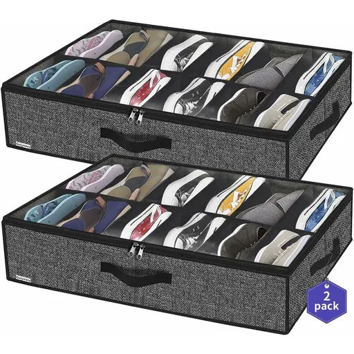 2 Pack Shoe Storage Bag With Clear Window - 12 Compartment Shoe Organizer For Under Bed Storage, Black Linen Fabric