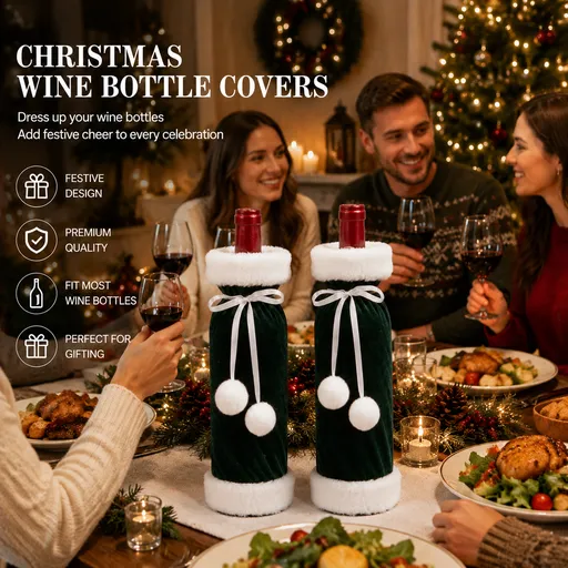Wine Bottle Gift Bags 2 Pack Velvet Christmas Covers Green with Faux Fur Trim