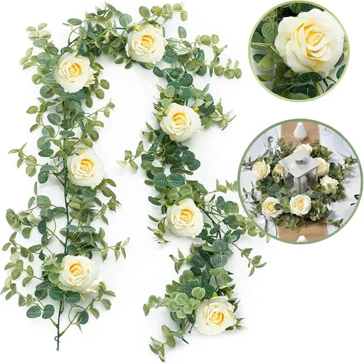 Artificial Eucalyptus Garland with Flowers Champagne Roses Long Fake Flower Garland Eucalyptus Leaves Greenery Garland