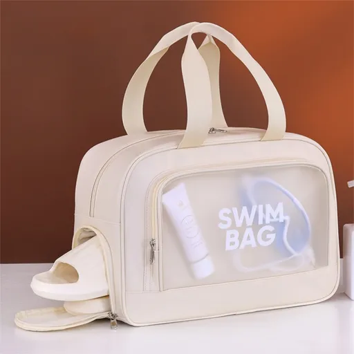 Beige Durable Waterproof Swim Bag with Shoe Compartment & Wet Dry Separation, High-Capacity Travel Tote Bag for Swimming Gym and Beach Trips, 37 x 14.5 x 24cm