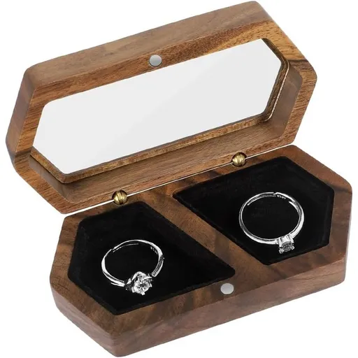 Wooden Ring Box Transparent Lid Couple Rings Box for Engagement Wedding Box Two Slots Small Jewelry Box for Stud Earrings Bracelet Necklace（black）