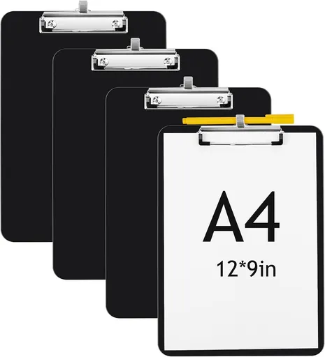4 Pcs Black Clipboards with Pen Holder 12 x 9 Inch with Profile Clip Standard A4 Letter Size Holds 100 Sheets Plastic Board with Metal Clip and Pen Holder for School Students Office Work