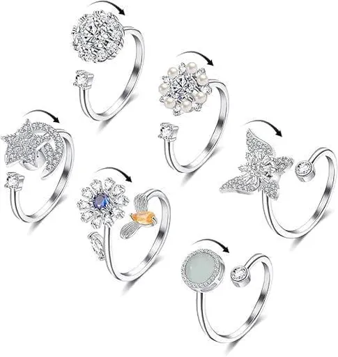 6 pcs Rotatable Antistress Fidget Spinner Rings, Silver