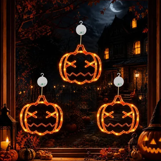 3 Pack Halloween Pumpkin Window Lights, Battery-Powered | Halloween Decorations with Suction Cups, 8 Color-Changing Modes, and Timer Function - Orange