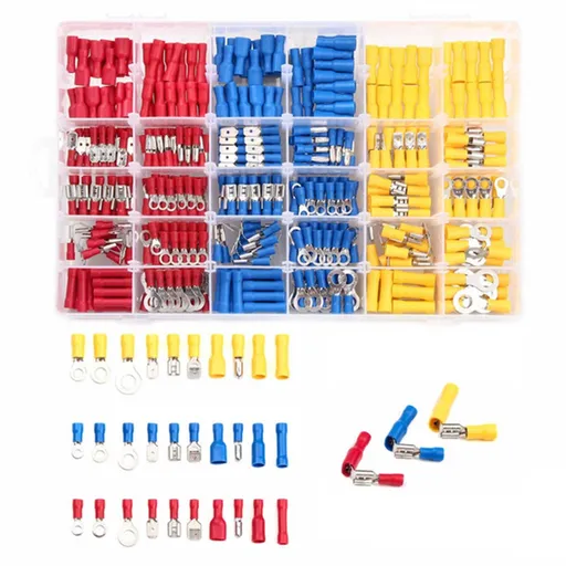 Cable lug set - 480 pieces - 30 types of flat terminals - Crimp connections with insulating sleeves, flat plugs, ring forks, cable lugs, assortment box - Cable connectors for electricians