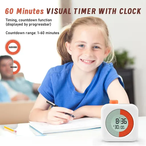 Digital Visual Timer, 60-Minute Countdown Timer for Kids and Adults, Time Management Tool, Timer Clock Alarm 3 in 1