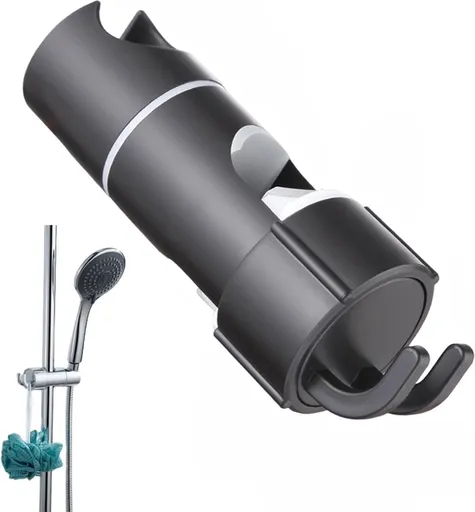 Slide Piece for Shower Rod - ø 18-25 mm - Hand Shower Bracket - With 2 Hooks - Chrome - Adjustable - ABS - Hand Shower - Shower Head - Shower Head Holder - Hand Shower Holder - Shower - Bathroom - Black - Universal - For Shower Rod - Easy Installatio
