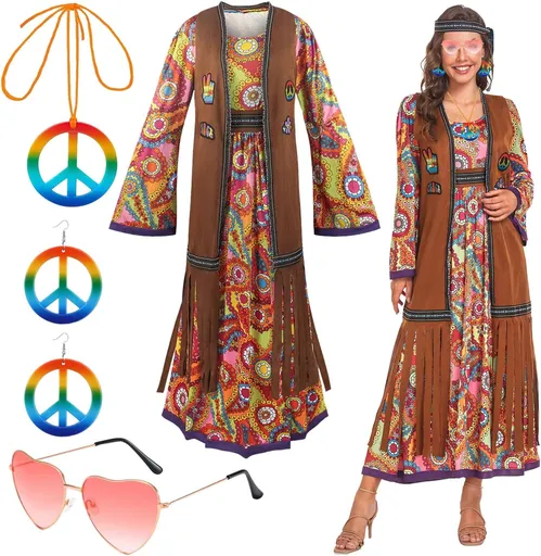 60s costume women, hippie women's dress set, 70s disco halloween outfits, hippie clothing women's costume, 60s clothing accessories M
