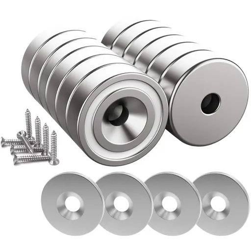 12 pcs Neodymium Magnets 10Kg Force 20 X 7Mm With Hole And Capsule, Countersunk Pot Magnet With Screws And 12 Steel
