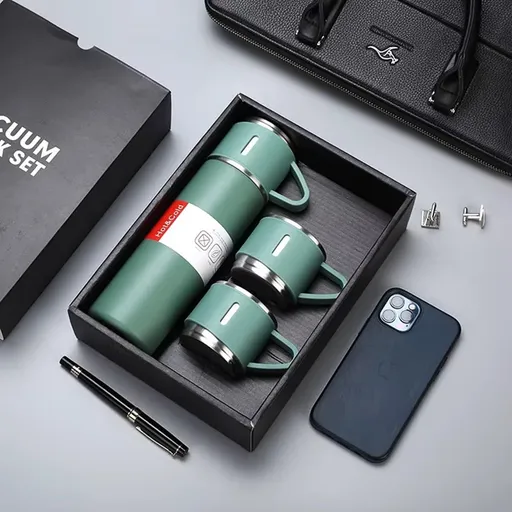 Stainless Steel Vacuum Flask Gift Set with 2 Sharing Cups — 500ml Double-Wall Insulated Bottle | 12H Hot, 24H Cold | Coffee & Tea Travel Mug | Father's Day Birthday Gift - Green - Size 500ml