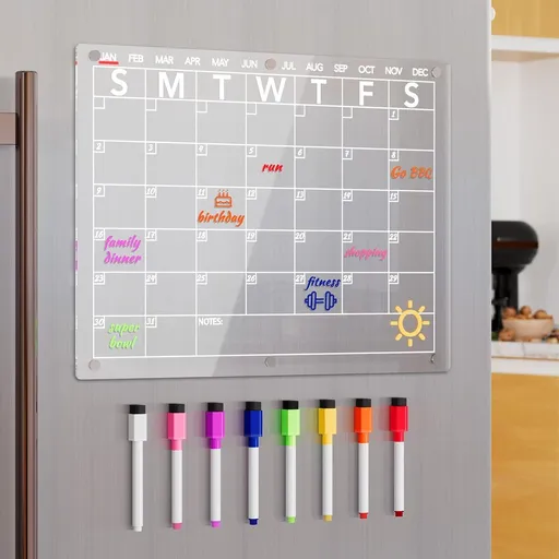 Magnetic acrylic whiteboard for the fridge - Monthly planner with transparent whiteboard for the fridge - with 8 colored markers - 38 x 27 cm
