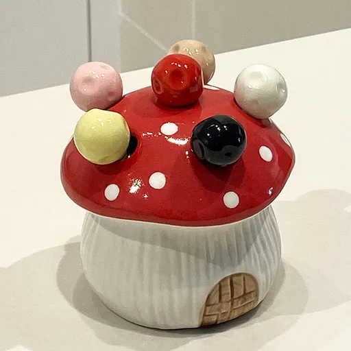 Red Cute Cartoon Mushroom Mirror Polished Cutlery Jar with 6-Piece Stainless Steel Fruit Fork Set - Dessert Picks/Appetizer Forks