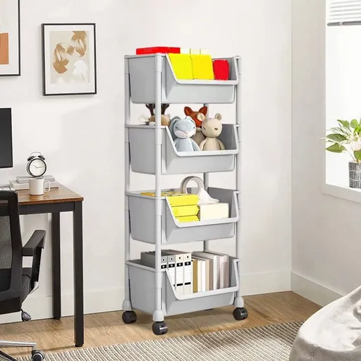 Mobile Floor Standing Desk Storage Rack with Wheels - Small Multi Tiered Bookcase Cart for Office Dorm Under Table - Plastic Shelving Unit with Hooks for Living Room Kitchen Bathroom Organizer