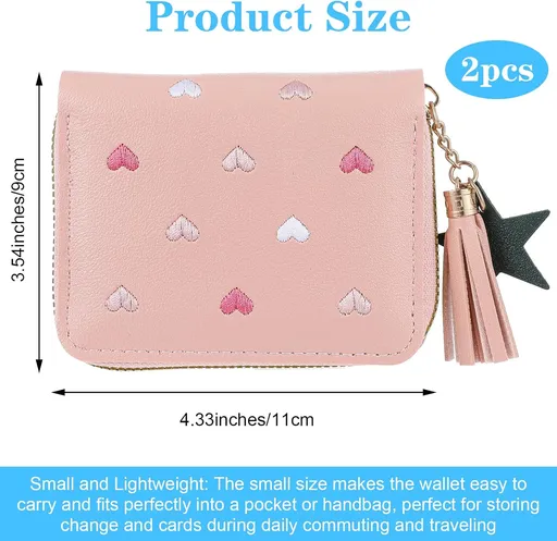 2 PCS Wallets for Girls, Small PU Leather Girls Wallets for Kids 6-8 with Zipper and Card Slots, Cute Credit Card Holder with Heart-embroidery Star Tassels Pendant for Kids Women (Blue, Pink)