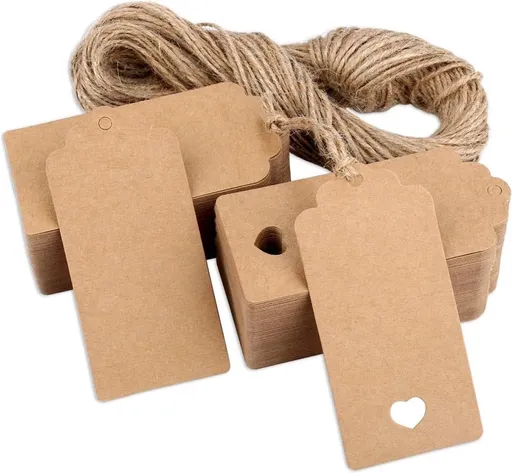 100x Kraft Cardboard Labels - With 100 Jute Rope - Gift Tags - 9.5 x 4.5 CM - Heart - Writable - Cardboard Gift Labels - Kraft Paper Name Tags - Blank Price Tags - Gift Tags - Multifunctional Label - Thick & Sturdy