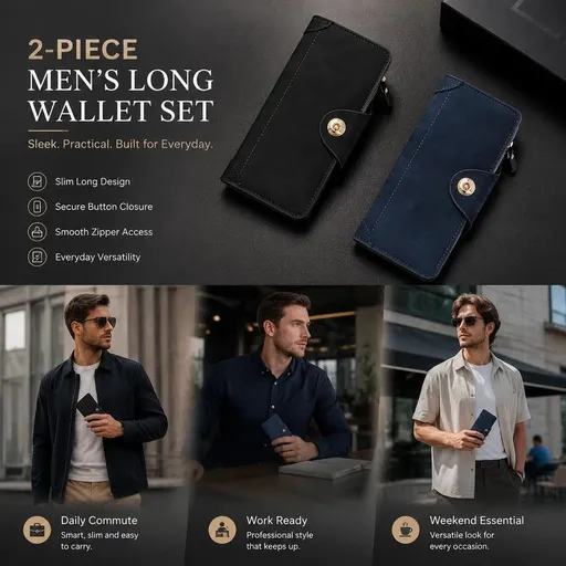 Two-Tone Solid Long Men Wallet 2 Pcs Set, Magnetic Multi-Card Hand Clutch, Portable Daily Money Clip, Versatile Gifting Choice, Black & Blue