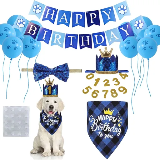 Blue Pet Birthday Party Decoration Set Dog Birthday Bandana Hat Bow Tie Balloons and Happy Birthday Banner Kit