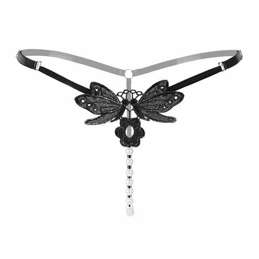 House Of Dasein Pearl G-String Crotchless Lace Panties - Black