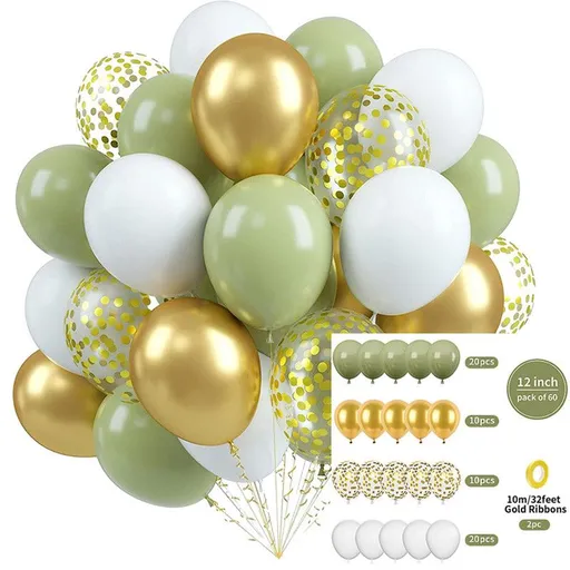 60-Piece 12-Inch Assorted Latex Balloon Set, featuring heavy-duty latex balloons + glitter balloons + ribbons. Perfect for birthday parties and weddings, with a variety of color combinations to suit any party theme—green, white, gold, and glitter.