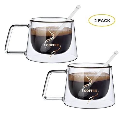 2 Pcs Coffee Mug Clear Glass Coffee Cups 6.8 oz with Handles & Spoon for Hot and Cold Beverages - Cappuccino, Latte, Tea Cup. Crystal Clear Glass Cups, Espresso Coffee Gifts