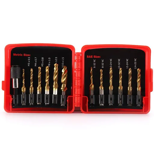 13PCS titanium coated SAE and metric tapping drill bit kit with threaded drilling, tapping, deburring, and countersunk heads