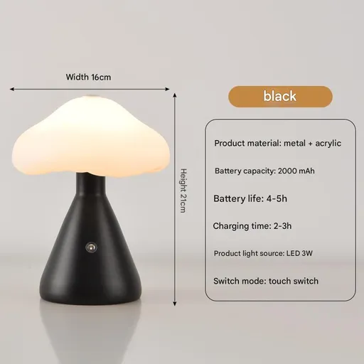 Black Mushroom LED Table Lamp - Rechargeable, 3-Color Touch Dimmable, USB-C