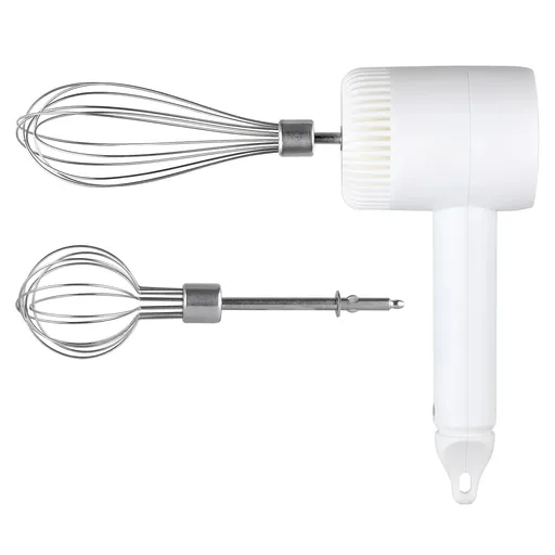 White Wireless charging handheld mixer, 30W with three-speed settings. Dual whisk heads designed for whipping eggs, cream, and batter. Suitable for both kitchen and outdoor use, also an ideal gift.