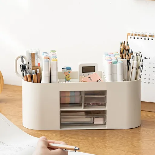 Pencil Pen Holder for Desk with 3 Drawers - All-In-One Desk Organizer - Perfect Desk Accessories for Office Use - (Beige)