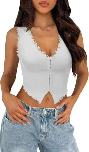 2-Pack White French Vintage Lace Splice Camisole(L Size) - Slim Fit Halter Top with Back Detail and Button Placket