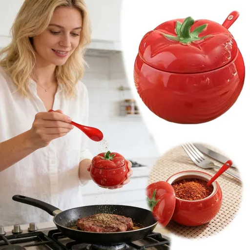 Tomato Shaped Ceramic Seasoning Jar With Spoon, Airtight 14oz Storage Container For Countertop Pantry Kitchen Decor