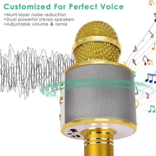 Wireless Bluetooth Karaoke Microphone for Kids, 5-in-1 Portable Handheld Karaoke Mic Speaker Player Recorder (Gold)