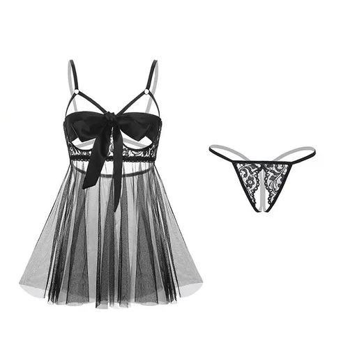 Two Black Lace Lingerie Set*2 - Adjustable Strappy Babydoll and Open Crotch G-String - Sheer Mesh Nightwear with Bow Detail and Back Clip Closure for Intimate Occasions