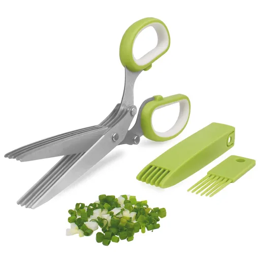 5 Blade Herb Scissors with Cleaning Comb and Cover, Stainless Steel Chive and Parsley Cutter for Kitchen Prep, Green