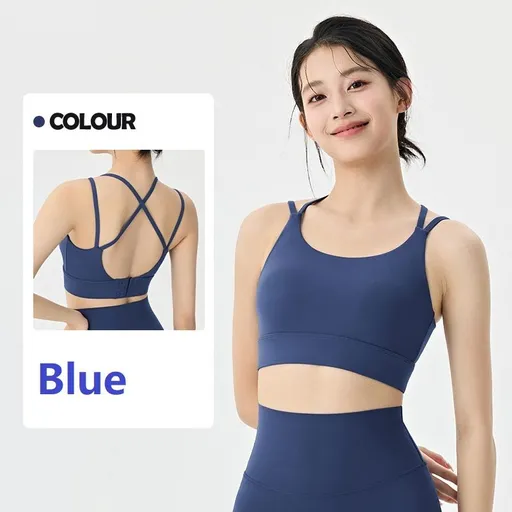 Blue M Size One-piece sports bra with thin straps - Nylon - Fixed Cup, Adjustable Back Closure, Cross Back Straps, Breathable Fabric for Yoga and Gym