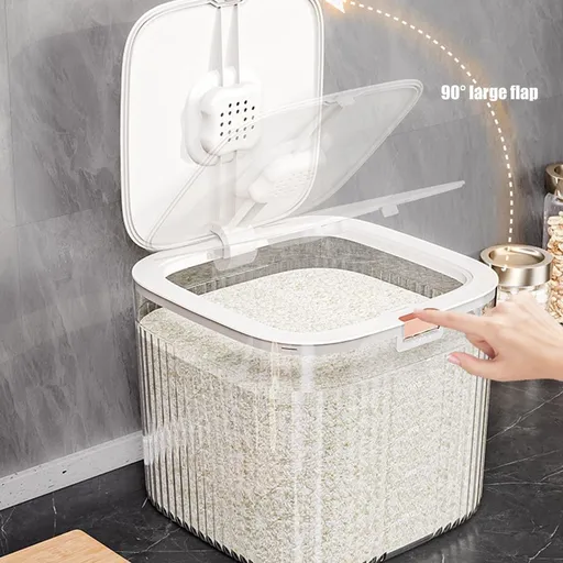 Airtight Rice Dispenser Container 10lb Capacity - Cereal Grain Flour Storage Bucket with Lid for Kitchen Countertop - Automatic Flip Top Measuring Cup for Rice Beans Pasta Pet Food Household Pantry