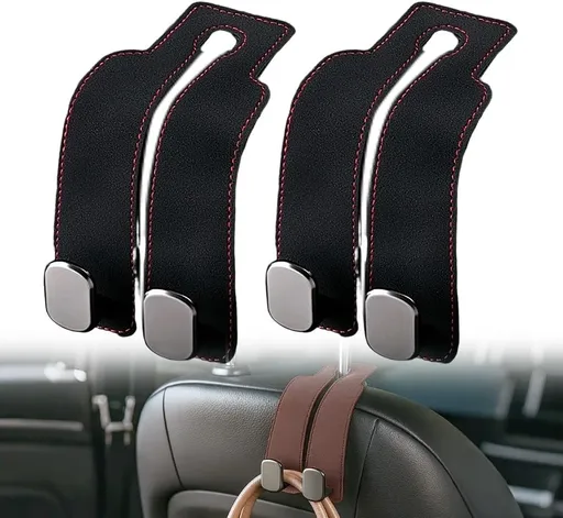 Headrest Hook for Car Seat Headrest, 2026 Wallet & Bag Hook Cute Car Wallet Holder, Double Hook Leather Car Headrest Hook Seat Back Storage Bag for Travel (Black*2)