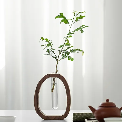Hydroponic Plant Cutting Station with Glass Test Tube Vase and Wooden Stand for Flowers, Propagation and Home Decor, Brown