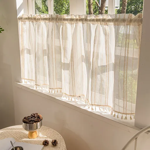 Deeprove Boho Textured Valance Tier, Neutral Bohemian Farmhouse Chic Kitchen Closet Textured Burlap with Tassels, Window Treatment Small Linen Stripe Curtain Wall Decor, 1 Panel 57" W x 24" L