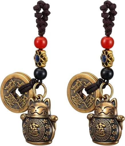 Lucky Cat Keychain, 2 Pcs Japanese Keychain with Feng Shui Coins, Maneki Neko Lucky Cat Charm for Women, Girls, Kids