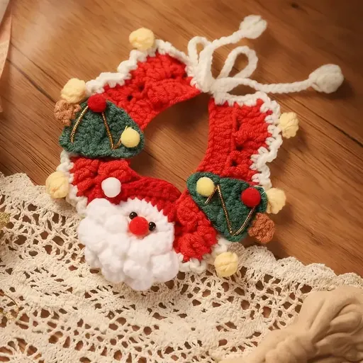 Handmade Yarn Pet Neckerchief, Christmas Photo Must-Have, Comfortable, Breathable & Adjustable. Santa Claus Crochet Neckerchief: Size L