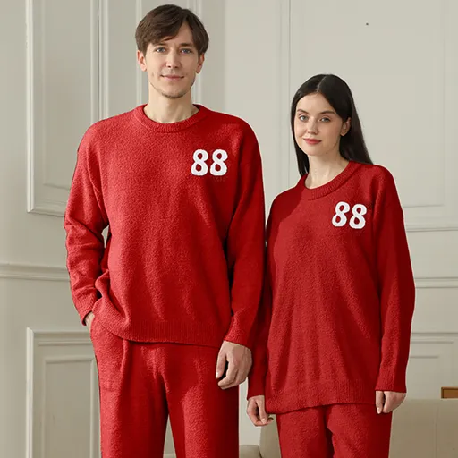 Red Men's Warm & Cozy Semi-Flannel Couple's Pajamas — Knitted Digital Pattern, Soft Fleece Fabric, Pullover Style: The Ideal Choice for Loungewear in Autumn and Winter